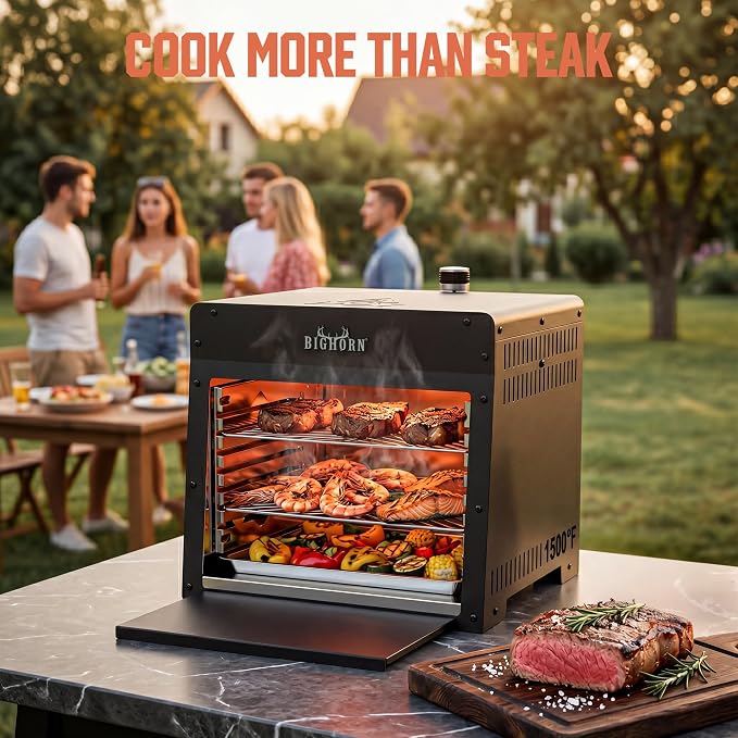 BIG HORN 1500°F Infrared Steak Grill - Portable Propane Gas Grill & Salamander Broiler for Steakhouse-Quality Searing, 16-Inch, Black