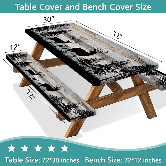 Forest Deer Picnic Table Cover with Bench Covers and Bag, Camping Essentials, Waterproof Windproof, Fitted Tablecloth Cover with Elastic Edge, for Indoor & Outdoor, Garden, 3 PCS, 30x72 Inch
