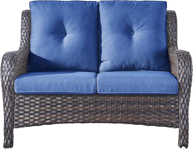 Rilyson Luxury Patio Outdoor Wicker Loveseat, 500 Lbs Weight Capacity Rattan Outdoor 2 seat Sofa Wicker with Deep Seating and Replaceable Cushions for Outside Porch Deck Balcony (Brown/Blue)