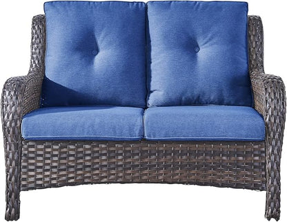 Rilyson Luxury Patio Outdoor Wicker Loveseat, 500 Lbs Weight Capacity Rattan Outdoor 2 seat Sofa Wicker with Deep Seating and Replaceable Cushions for Outside Porch Deck Balcony (Brown/Blue)