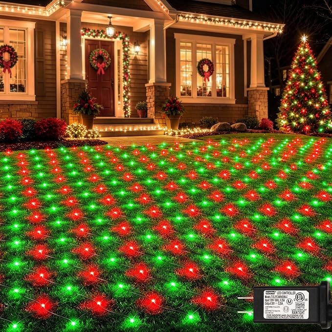 Lovelite 360LED Christmas Net Lights, 21ft x 5ft Mesh Lights Outdoor Green Wire 8 Modes Timer, Waterproof Connectable String Lights for Bushes Xmas Tree Garden Holiday Party Decor - Red Green