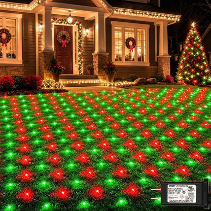 Lovelite 360LED Christmas Net Lights, 21ft x 5ft Mesh Lights Outdoor Green Wire 8 Modes Timer, Waterproof Connectable String Lights for Bushes Xmas Tree Garden Holiday Party Decor - Red Green