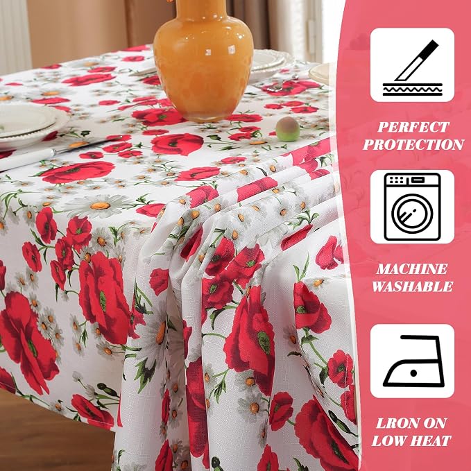 SASTYBALE Spring Summer Tablecloth, 52 x 70 Inches, Rectangle, Red Floral | Reusable, Wrinkle Resistant, Washable ,Texture Fabric Polyester, Indoor & Outdoor, Picnic, Patio, Fits 4-6 Seats