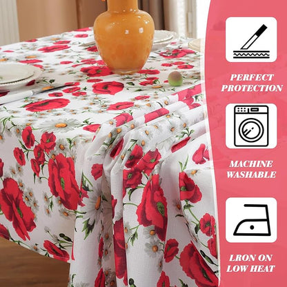 SASTYBALE Spring Summer Tablecloth, 52 x 70 Inches, Rectangle, Red Floral | Reusable, Wrinkle Resistant, Washable ,Texture Fabric Polyester, Indoor & Outdoor, Picnic, Patio, Fits 4-6 Seats