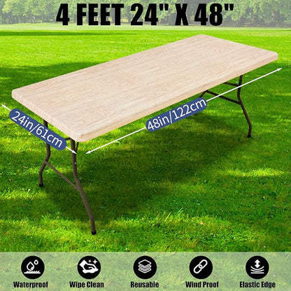 Smiry 2 Pack Rectangle Table Cloth 4 Foot, Waterproof Elastic Fitted Tablecloths, Windproof Washable Polyester Table Cover for Picnic, Camping, Outdoor (Ivory, 24"x48")