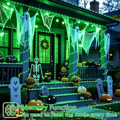 YEGUO Green Solar Halloween Lights, 66ft 200 LED Solar Rope Lights Outdoor Waterproof, 8 Modes Fairy Lights in Clear Thin Tube
