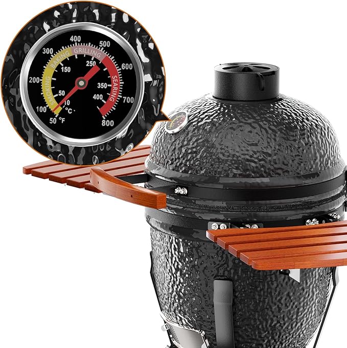 ROOMTEC 18-Inch Kamado Ceramic Charcoal Grill, Portable Grill Charcoal with Cart/Side Shelves/Cover, Tabletop Barbecue Grill for Home Party and Outdoor Backyard Cooking, Black