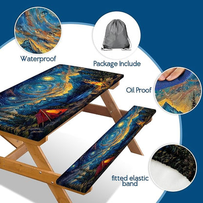 Picnic Table Cover with Bench Covers Elastic Edges, Blue Starry Night Camping Table Cover, Waterproof Windproof Fitted, for Outdoor Camping Patio Backyard Gatherings, Drawstring Bag, 96 Inch 3PCS