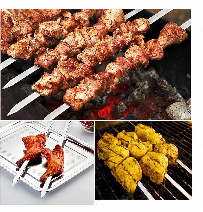 IMEEA 16.5 Inch Flat Stainless Steel BBQ Skewers (12.5 Inch Cooking Area) Kebab Barbecue Skewers for Home Grilling & Kabob, Set of 12