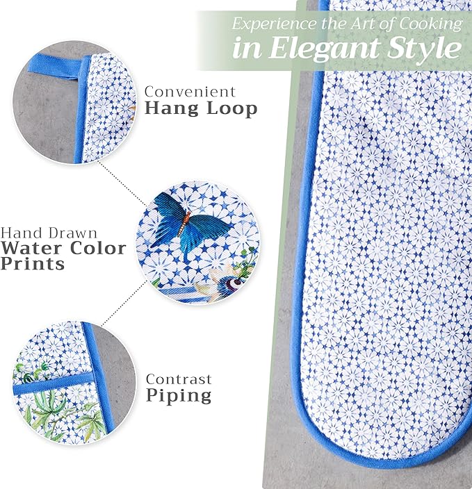 Maison d' Hermine Double Oven Mitts 100% Cotton 7"x35" Double Oven Mitt Heat Resistant BBQ Cooking Gloves with Loop Baking Grilling Kitchen Hotel Home Farmhouse Spring Summer (Passiflora)