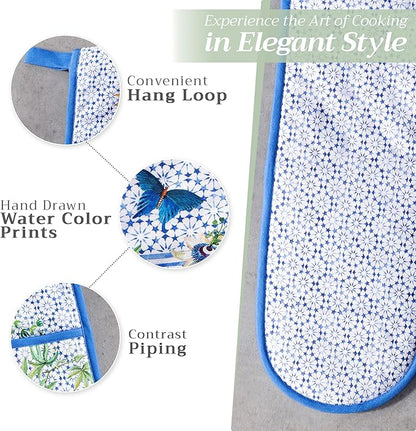 Maison d' Hermine Double Oven Mitts 100% Cotton 7"x35" Double Oven Mitt Heat Resistant BBQ Cooking Gloves with Loop Baking Grilling Kitchen Hotel Home Farmhouse Spring Summer (Passiflora)