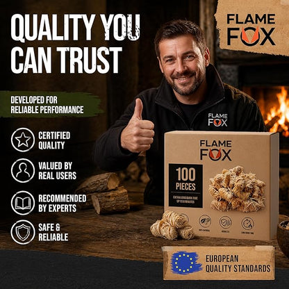 FlameFox Fire Starters 100 pcs – Natural Wood Wool Tumbleweed Fire Starter – Odorless Long Burning and Eco Friendly Firestarters – for Fireplace, Campfire, Grill, BBQ, Charcoal, Wood Stove & Fire Pit