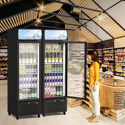 11.3 Cu.Ft Commercial Display Refrigerator,Glass Door Beverage Cooler with Adjustable Shelves,LED Lighting & Advertising Panel, Mobile Design, Black
