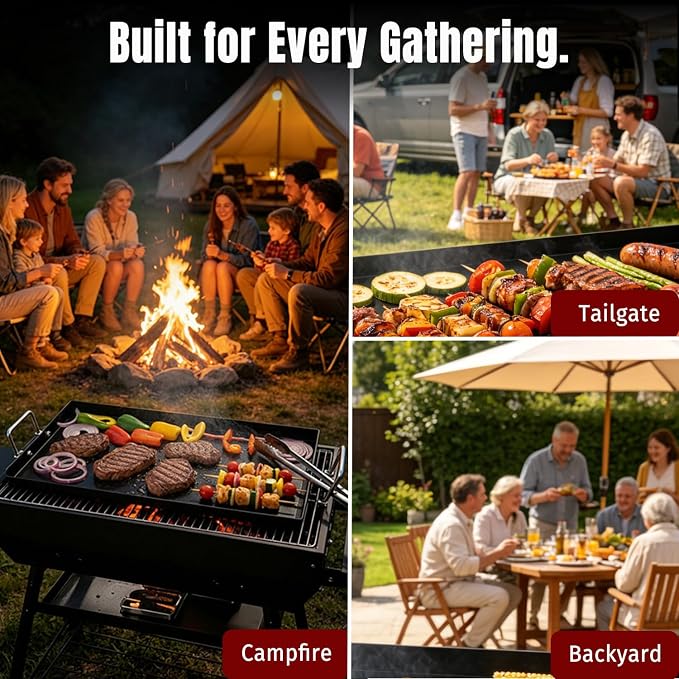 SHINESTAR 25"x16" Carbon Steel Griddle for Gas & Charcoal Grills | Pre-Seasoned Ceramic Nonstick Flat Top with Foldable Handle & Grease Groove Great for Parties, Camping & Tailgating