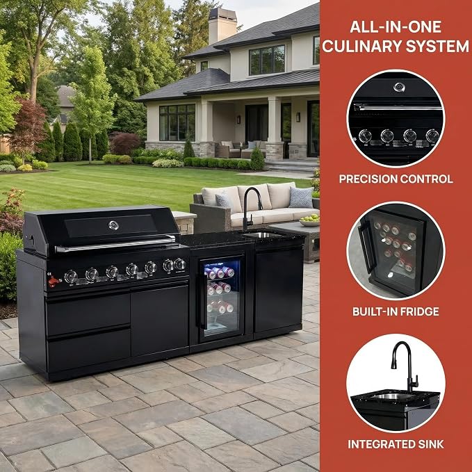 82 Inch Outdoor Kitchen Island, 6-Burner 85000 BTU Propane Stainless Steel BBQ with Side/Rear Burners, With Refrigerator and Sink, Rotisserie, Marble Countertops, Storage, For Backyard BBQ