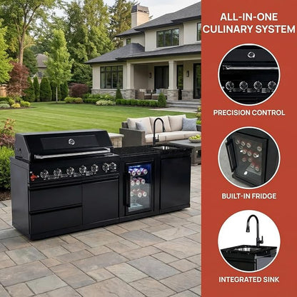 82 Inch Outdoor Kitchen Island, 6-Burner 85000 BTU Propane Stainless Steel BBQ with Side/Rear Burners, With Refrigerator and Sink, Rotisserie, Marble Countertops, Storage, For Backyard BBQ