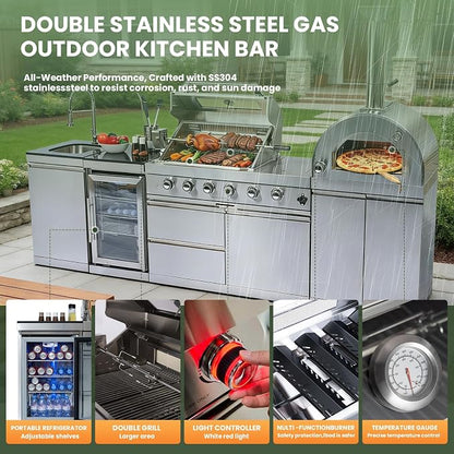 112-Inch Stainless Steel Outdoor Kitchen Island, Propane BBQ Grill with Standalone Side Burner Pizza Oven, Rotisserie, Refrigerator, Granite Countertop, Storage Cabinets & Drawers 108000 BTU