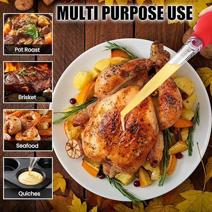 Large Turkey Baster for Cooking - Premium Baster Syringe for Hot Liquids - Heat-Resistant Silicone Bulb, Easy-Grip Design with Cleaning Brush - Dishwasher Safe - Baste Food with Ease - Red