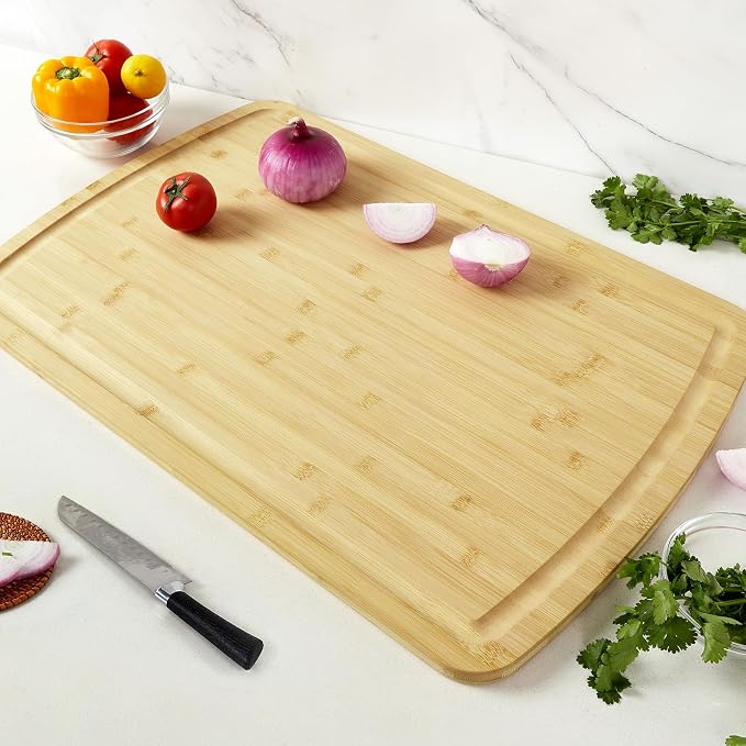 Garvee 30" x 20" Extra Large Bamboo Cutting Board, Reversible Curved Butcher Block with Deep Juice Groove, Kitchen Chopping Board and Serving Tray for Meat, Cheese, Vegetables, BBQ