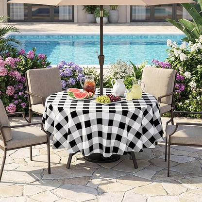 Poise3EHome Round Outdoor Tablecloth with Umbrella Hole and Zipper,Black and White Gingham 70 Inch,SpillProof Washable Table Cloth for Spring Summer Patio Garden Poolside Picnic Camping BBQS