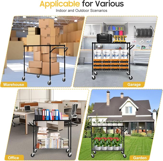 2-Tier Utility Cart with Wheels, Metal Cart with 1000LBS Capacity, NSF Heavy Duty Rolling Cart, Commercial Grade Serving Tool Storage Carts for Warehouse Garage Kitchen, 24"D x 40"W x 39"H, Black
