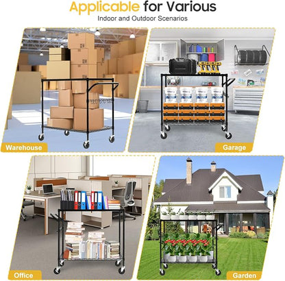 2-Tier Utility Cart with Wheels, Metal Cart with 1000LBS Capacity, NSF Heavy Duty Rolling Cart, Commercial Grade Serving Tool Storage Carts for Warehouse Garage Kitchen, 24"D x 40"W x 39"H, Black