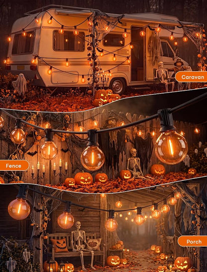 50FT G40 LED Halloween String Lights Outdoor, Orange Halloween Decorative Light with 27 LED Shatterproof Bulbs(2 Spare) Connectable Orange Outdoor Lights for Patio Balcony Backyard Pergola Decor