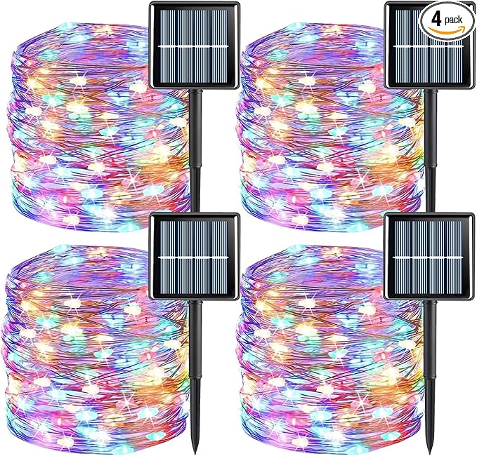 YEGUO 4 Pack Multicolor Solar Fairy Lights, Each 33ft 100 LED Christmas Lights Outdoor Waterproof, 8 Modes Sliver Wire Solar String Lights