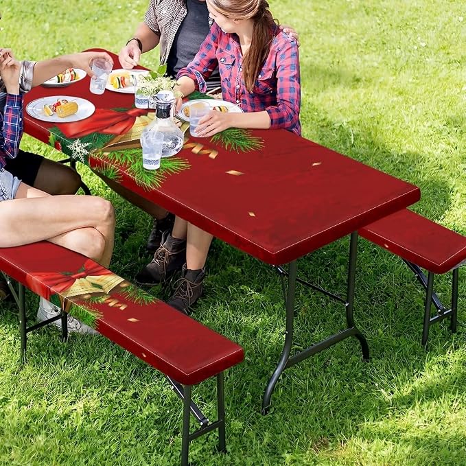 Christmas Elastic Fitted Table Cloth for Camping Party Christmas Bells Picnic Table Cover with Bench Covers 3 PCS for Outdoors