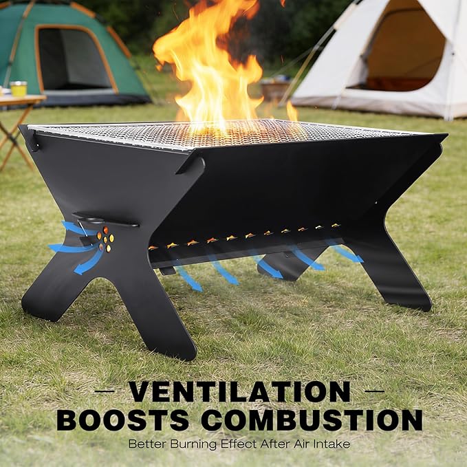 REDCAMP Portable Campfire Grill, Large Folding Stainless Steel Fire Pit with Grill & Carry Bag, Heavy Duty Charcoal BBQ Grill for Outdoor Cooking, Camping, Bonfire, Patio & Backyard