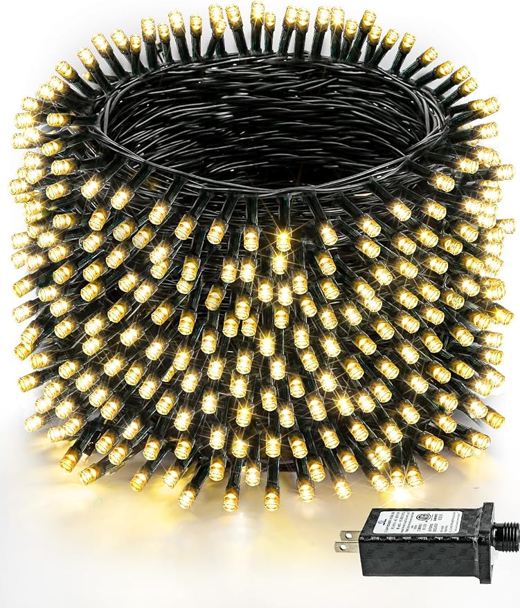 330FT 1000 LED Super Long Christmas Lights String Indoor Outdoor Warm White | Timer and Memory Function, 8 Modes Green Wire Twinkle Lights for Xmas Tree Fence Pillar Bedroom Garden Holiday Party Decor