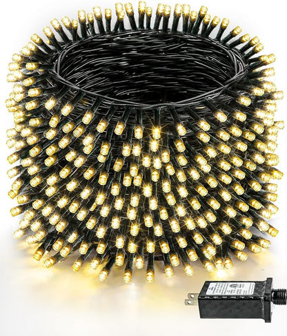 330FT 1000 LED Super Long Christmas Lights String Indoor Outdoor Warm White | Timer and Memory Function, 8 Modes Green Wire Twinkle Lights for Xmas Tree Fence Pillar Bedroom Garden Holiday Party Decor
