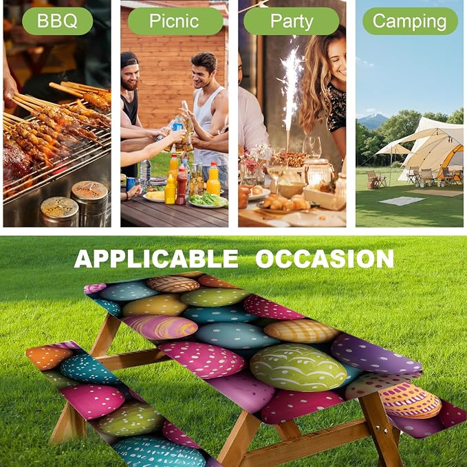 ANNA QUEEN Easter Holiday 6FT Picnic Table Cover with Bench Covers Set of 3 with Drawstring Bag, Colorful Easter Eggs 72"x30" Waterproof Fitted Picnic Tablecloth & Bench Covers for Outdoor Dining