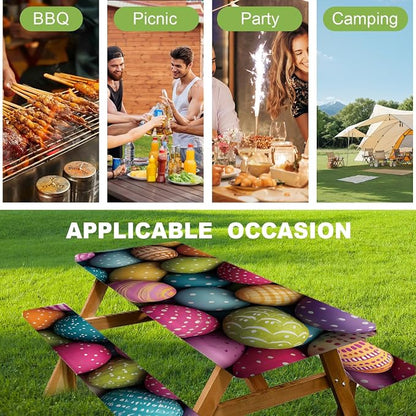 ANNA QUEEN Easter Holiday 6FT Picnic Table Cover with Bench Covers Set of 3 with Drawstring Bag, Colorful Easter Eggs 72"x30" Waterproof Fitted Picnic Tablecloth & Bench Covers for Outdoor Dining