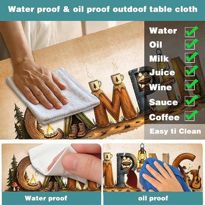 3PCS Vintage Camping Picnic Table Cover with Bench Covers & Storage Bag, 30x60 Inch Rustic Retro Camping Themed Waterproof Fitted Outdoor Patio Tablecloth with Elastic Edges for Campsite RV Backyard