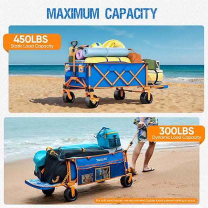 Extra Large Heavy-Duty Beach Wagon - 55.11" x 26.38" Foldable Utility Cart with 400 lbs Capacity, Compact Fold Design, Ideal for Beach, Camping, Groceries, and Outdoor Adventures