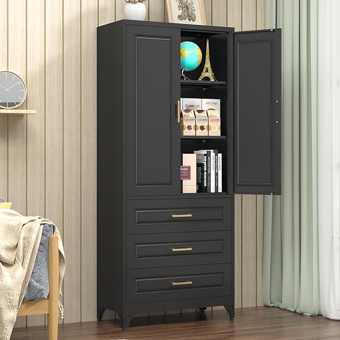 Polup Kitchen Pantry Cabinet, 75" Tall Pantry Cabinet with Three Drawers, Metal Storage Cabinets with Doors and Shelves, Freestanding Food Cupboard for Dining, Living Room, Black, Assembly Required