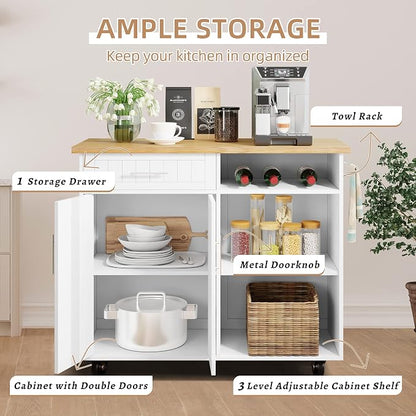 Shintenchi Kitchen Island Cart with Storage,Rolling Kitchen Island Side Table on Wheels with Large Worktop,Storage Cabinet,Towel Rack and Drawers for Kitchen,Dinning Room,Black