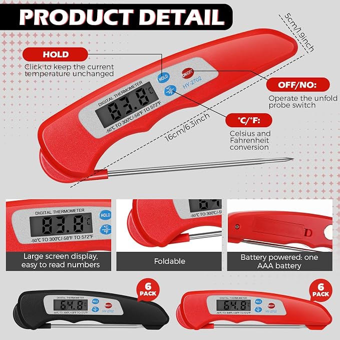 Xuhal 12 Pcs Digital Meat Thermometer with Probe Waterproof Instant Read Foldable Food Thermometer with Magnet for Kitchen Grilling Cooking Turkey Baking BBQ(Black, Red)