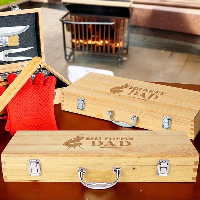 11-Piece BBQ Grilling Set with Engraved Maple Wood Box, Premium Stainless Steel Barbecue Tools with Wooden Handles for Dad – Best Flipping Dad Idea