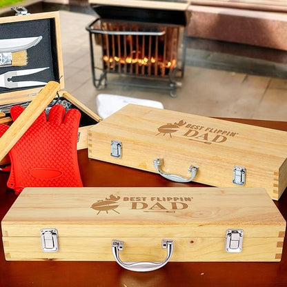 11-Piece BBQ Grilling Set with Engraved Maple Wood Box, Premium Stainless Steel Barbecue Tools with Wooden Handles for Dad – Best Flipping Dad Idea