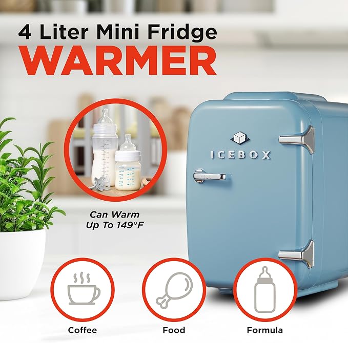IceBox 4-Liter Mini Fridge Cooler/Warmer, IBMF4SLT, Slate Blue | Portable Refrigerator Holds 6 Cans, Compact for Skincare, Beverages and Food, Includes 120V AC and 12V Car Adapters
