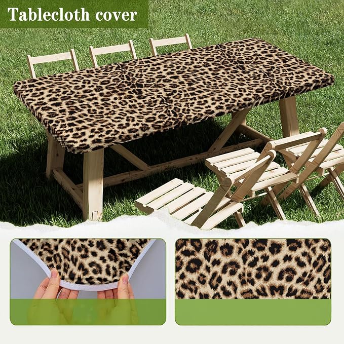 Irisbell Picnic Table Cover with Elastic Edge,6FT Wind Proof Wrinkleproof Fitted Tablecloth Cover Camping Beach Patio Rectangle Table Cloth for Indoor Outdoor (Leopard, 30'' x 72'')