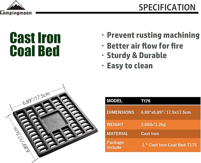 CAMPINGMOON Cast Iron Coal Bed Charcoal Fire Grate 6.89x6.89-inch T-175