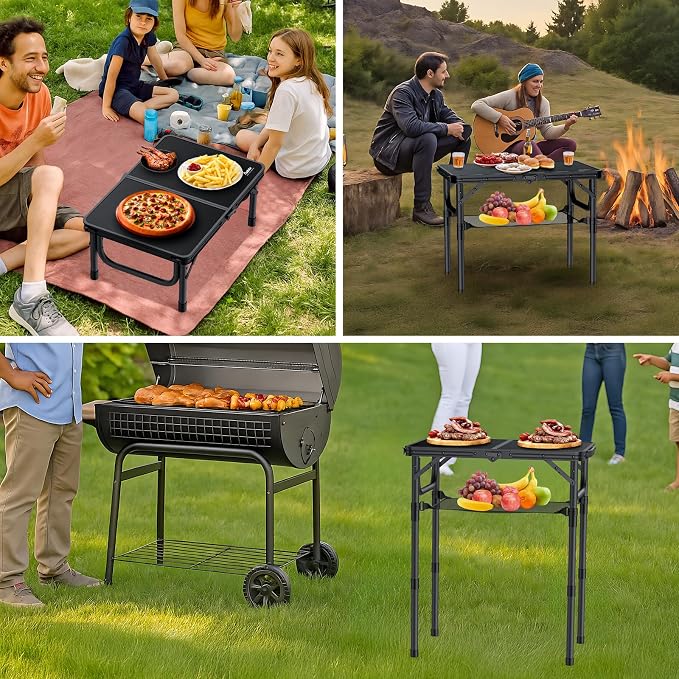 Anbte Folding Camping Table, 24"X 16" Adjustable Height Small Folding Table | with Storage Net, Aluminum Compact Folding Table, Lightweight, Portable Table for Outdoor Travel Cooking Picnic, Pure Black