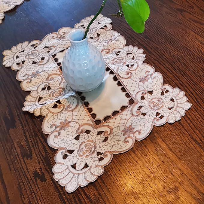 LeLehome Set of 4 Flower Embroidered Placemats, Oblong Brown Flower Rose Lunchmats Place Mats, Home Kitchen Dining Restaurant Party Indoor Decor Table Mats, 18 Inch X 12 Inch
