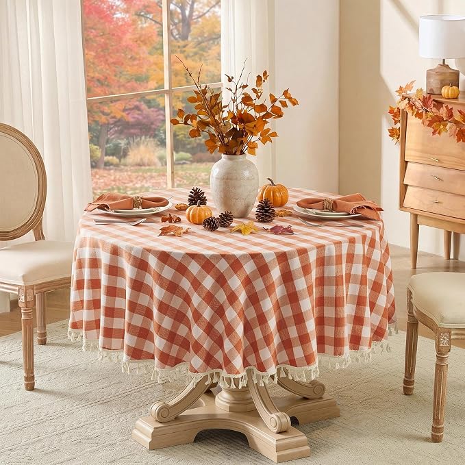 Softalker Fall Checkered Tablecloth 70 x 70 Inch Round, Heavy Weight Linen Cotton Gingham Thanksgiving Orange Table Cloth with Tassel, Wrinkle Free Buffalo Plaid Table Cover for Dining Party