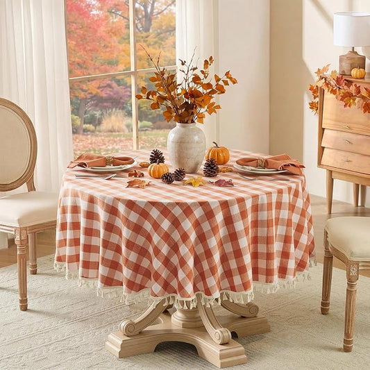 Softalker Fall Checkered Tablecloth 70 x 70 Inch Round, Heavy Weight Linen Cotton Gingham Thanksgiving Orange Table Cloth with Tassel, Wrinkle Free Buffalo Plaid Table Cover for Dining Party
