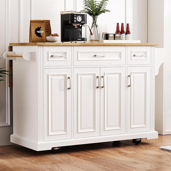 Ball & Cast Modern Large Kitchen Island with Rubber Wood Drop Leaf, Embossed Texture Rolling Cart on 4 Wheels W/4 Doors & 3 Drawers, Mobile Storage Kitchen Islands W/Storage for Dining Room,White,54"