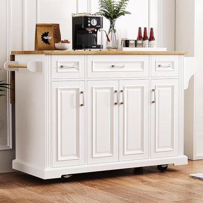 Ball & Cast Modern Large Kitchen Island with Rubber Wood Drop Leaf, Embossed Texture Rolling Cart on 4 Wheels W/4 Doors & 3 Drawers, Mobile Storage Kitchen Islands W/Storage for Dining Room,White,54"